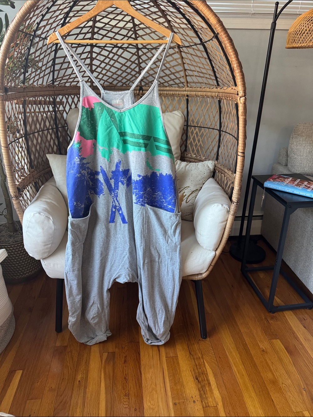 FP Movement by Free People Gray Romper with Green, Blue & Pink Graphic